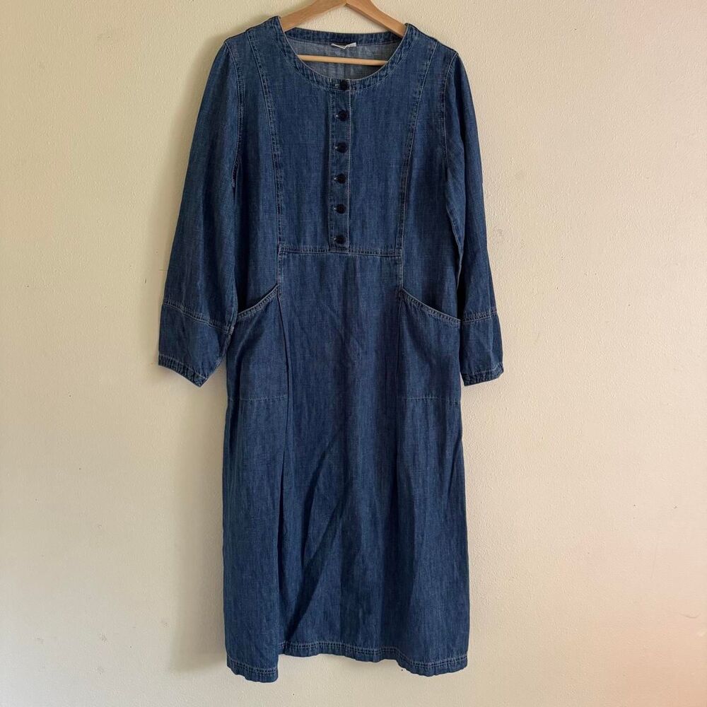 Poetry Hemp Organic Cotton Denim Midi Dress US 10 Indigo Lagenlook Pockets